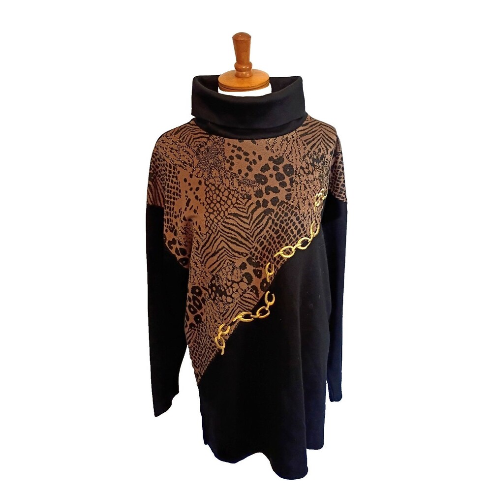 Barbara Gerwit Mob Wife 90's Black Animal/Chain print Cowl Neck Sweater Size XL